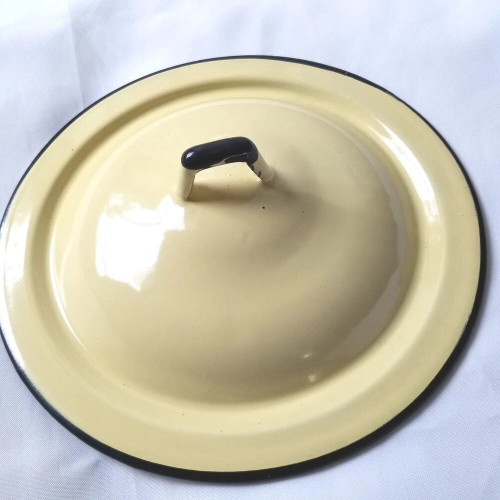 Yellow Enamelware Pan Lid with Black Lip Edge 8 inches Metal Vintage MCM
